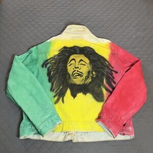 Vtg Levi's Denim Jean Jacket‎ Bob Marley Custom Print Jamaica Rastafarian Rasta